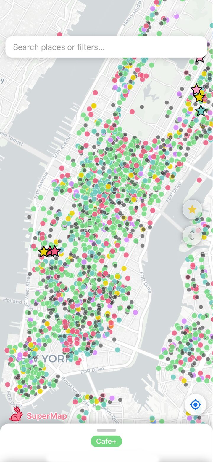 The full-city map view dense with colorful place pins